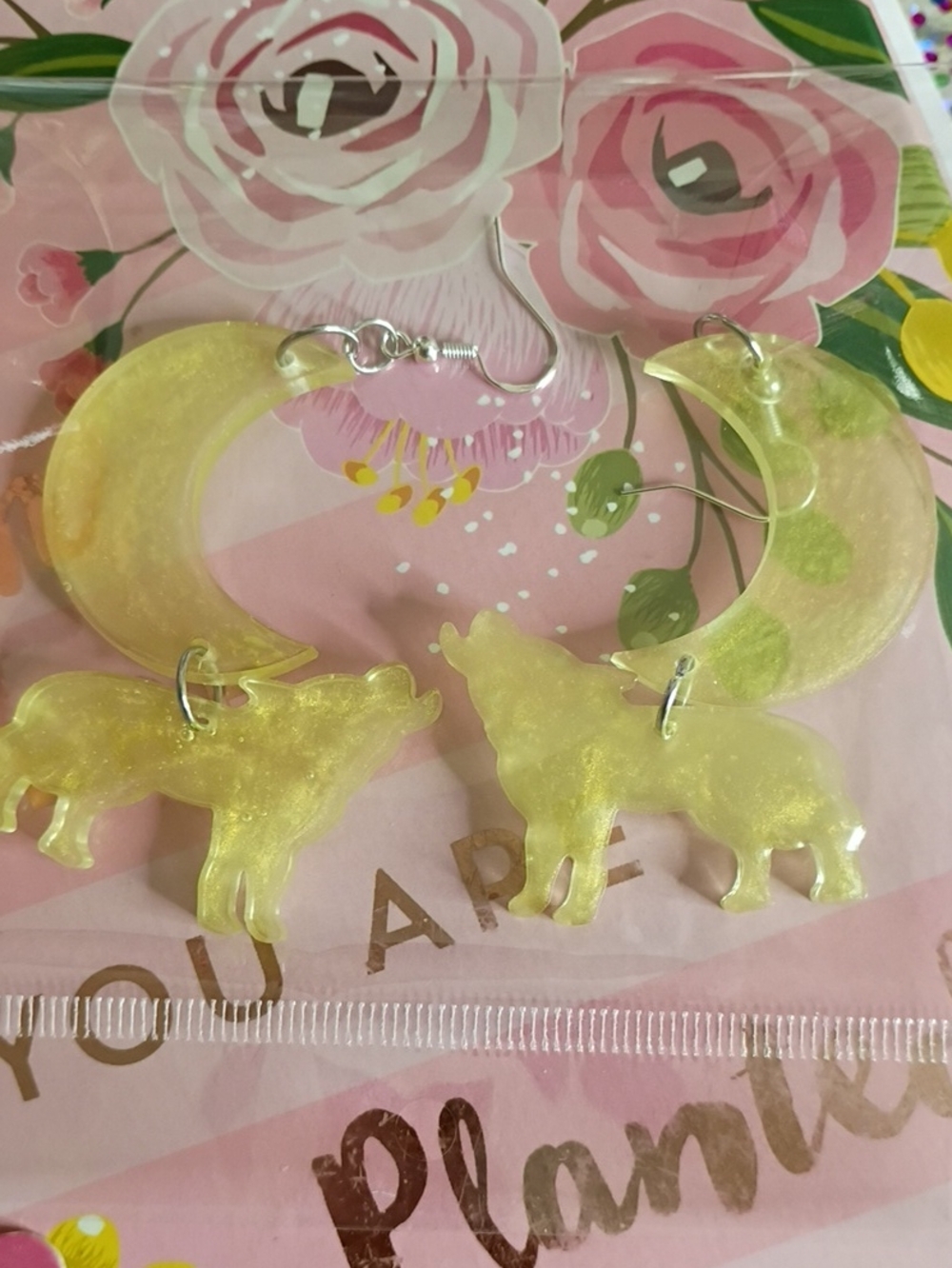 Yellow Half Moon & Dangle Howling Wolves Earrings